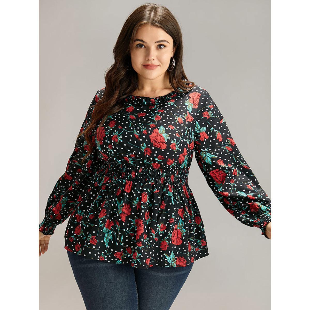 Plus Size BlackFlower Rose Print Shirred Frill Trim Lantern Sleeve Blouse Women Elegant Long Sleeve Round Neck Dailywear Blouses BloomChic 10/M Product Image