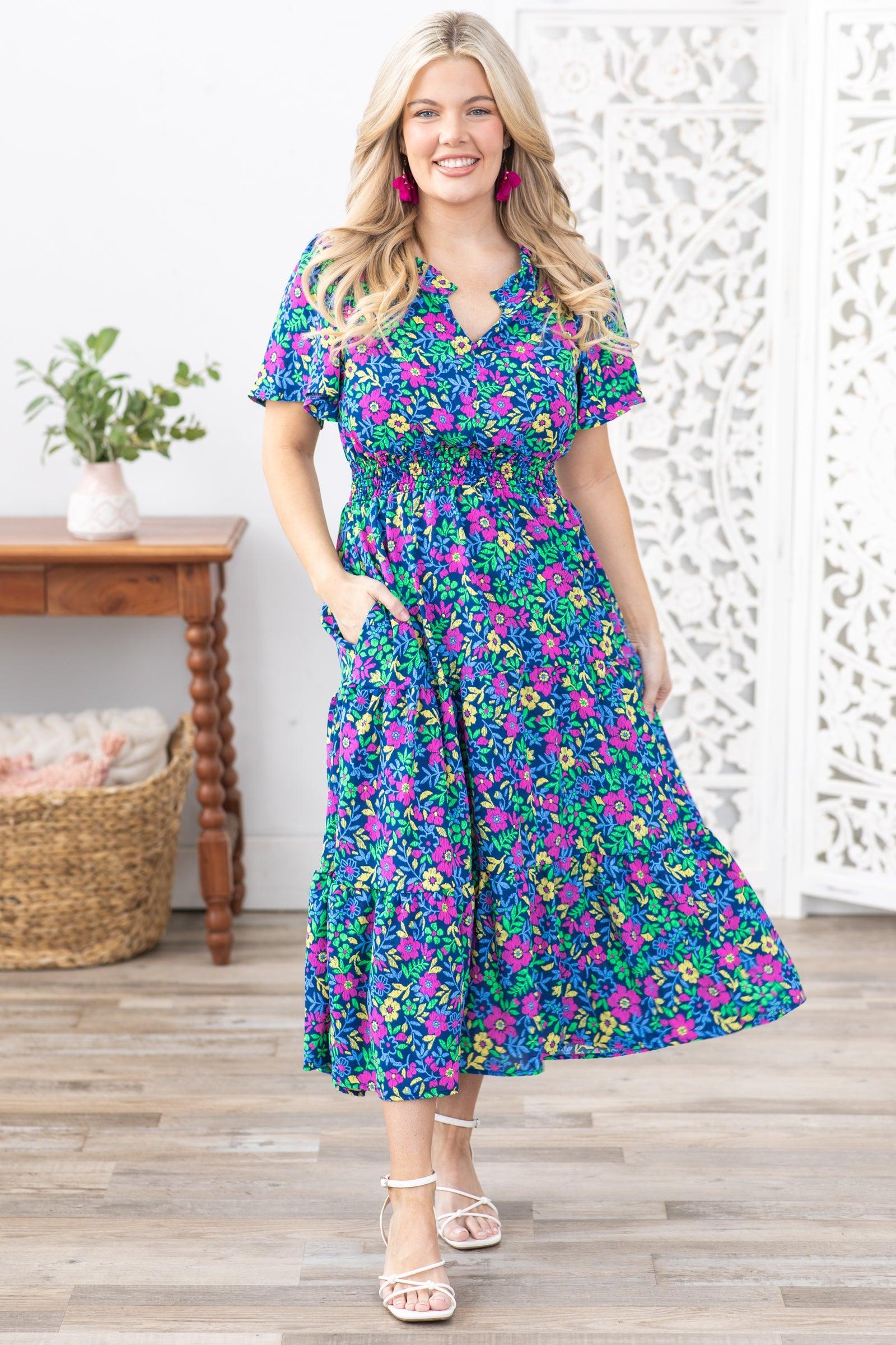 Navy Floral Notch Neck Short Sleeve Dress Product Image