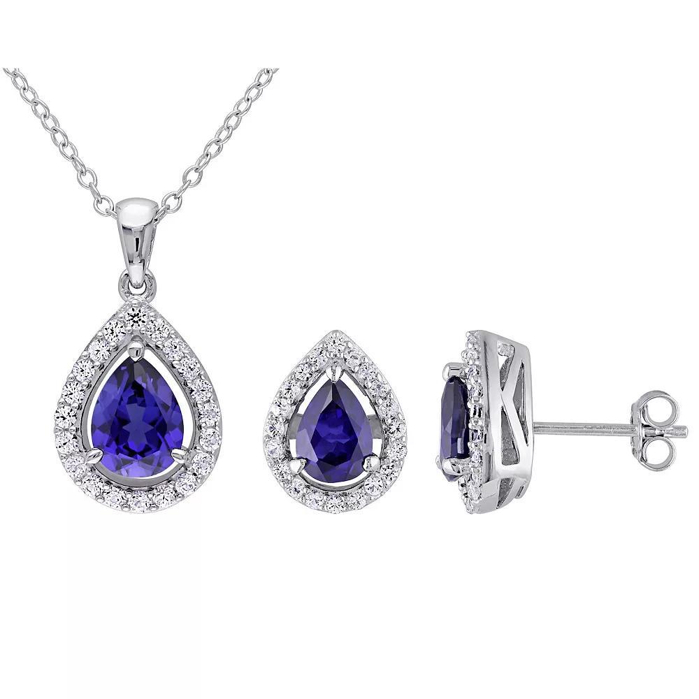 Stella Grace Sterling Silver Lab Created Sapphire Teardrop Pendant & Stud Earring Set, Women's, Size: 18" Product Image