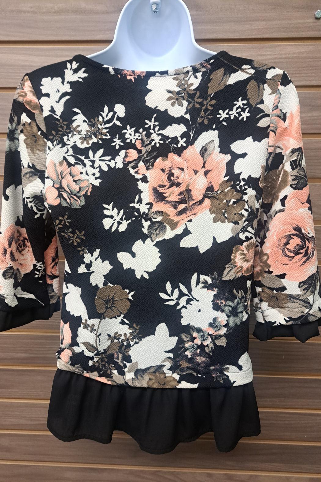 Blk floral 3/4 sleeve ruffle bottom Product Image