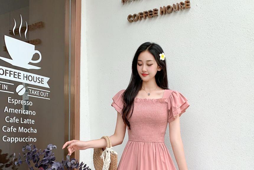 Short-Sleeve Square Neck Plain Midi A-Line Dress Product Image