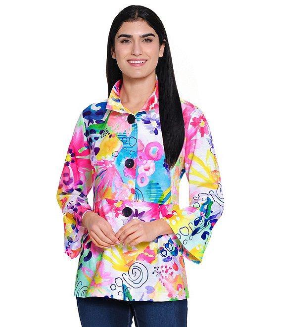 Ali Miles Petite Size Woven Abstract Wire Collar 3/4 Sleeve Button Front Jacket Product Image