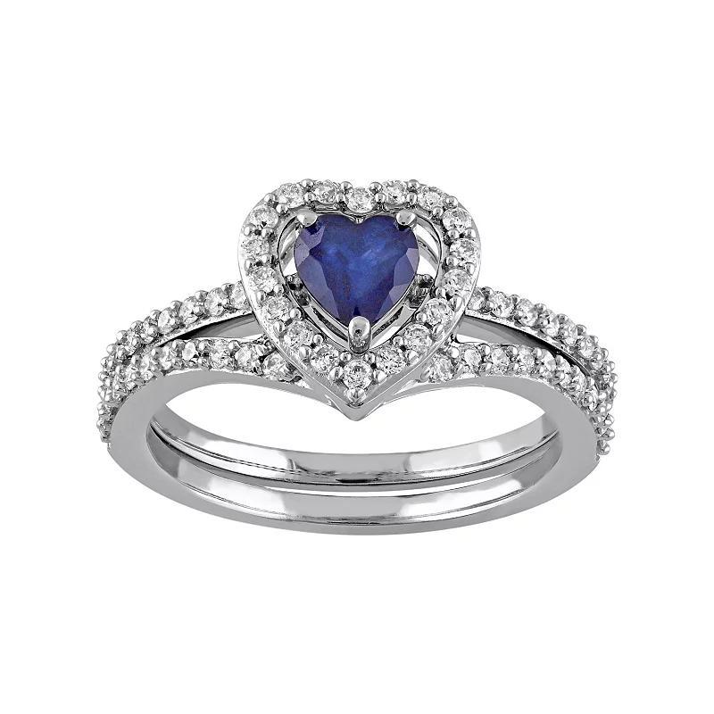 Stella Grace 10k White Gold 1/2 Carat T.W. Diamond & Sapphire Heart Engagement Ring Set, Women's, Size: 9, Blue Product Image