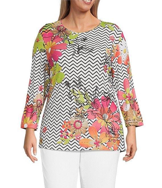 Multiples Plus Size Embellished Placement Print Scoop Neck 3/4 Sleeve Fitted Knit Top Product Image