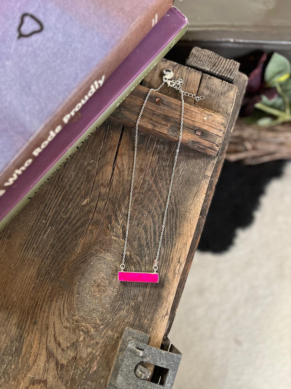 Dainty Silver Necklace With Pink Colored Bar Product Image