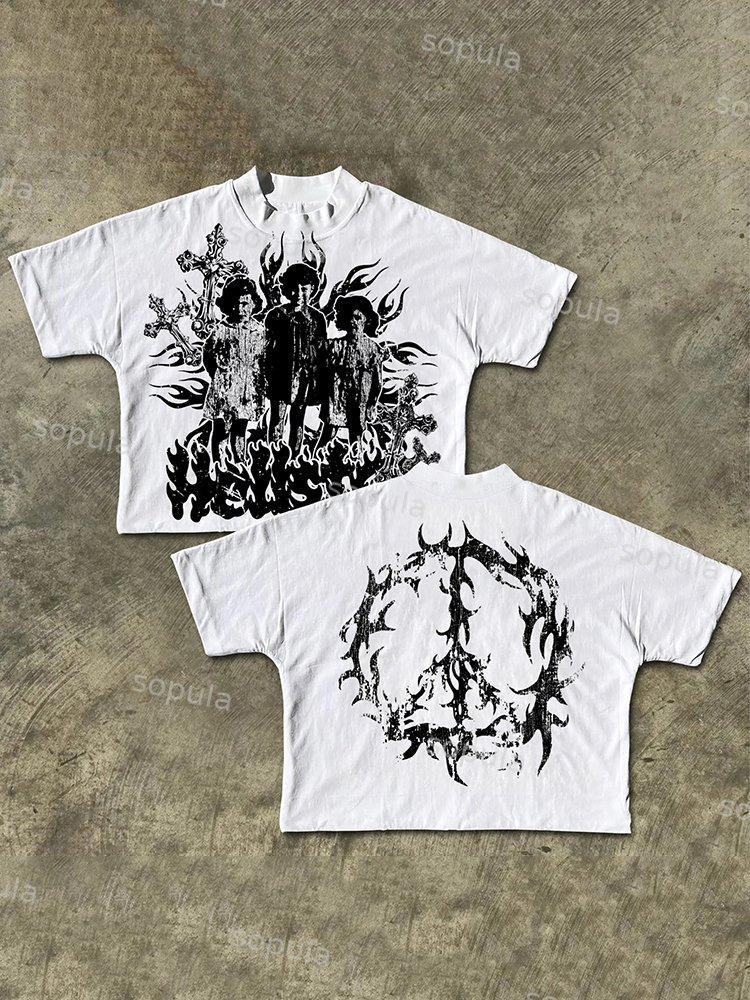 Sopula Flame Character Cross Peace Destruction Old Retro Graphics Cotton Cropped T-Shirt Product Image