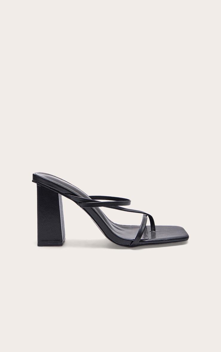 Black PU Toe Loop Strappy Block Heeled Mules Product Image