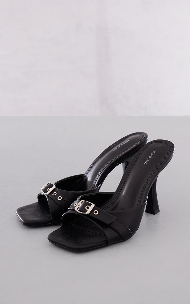 Black Faux Leather Wide Fit Buckle Detail Mid Heeled Mules Product Image