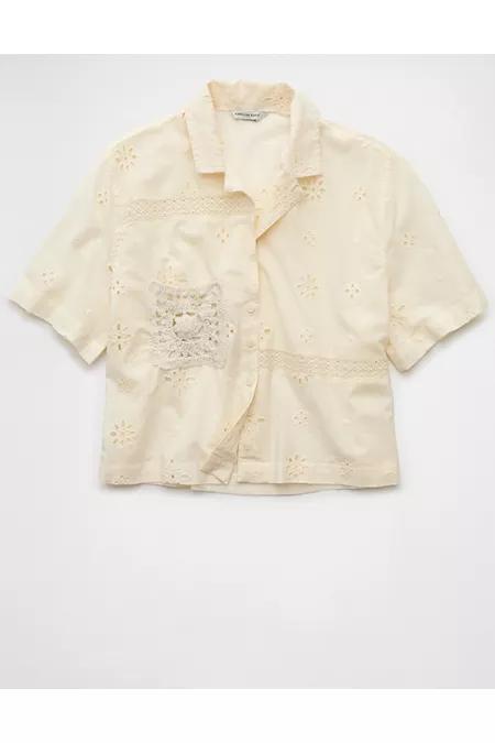 AE Short-Sleeve Embroidered Button-Up Shirt Women's Product Image