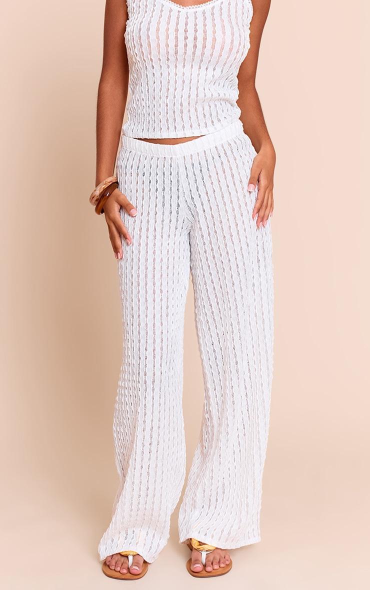 Petite White Textured Elastic Pants Product Image