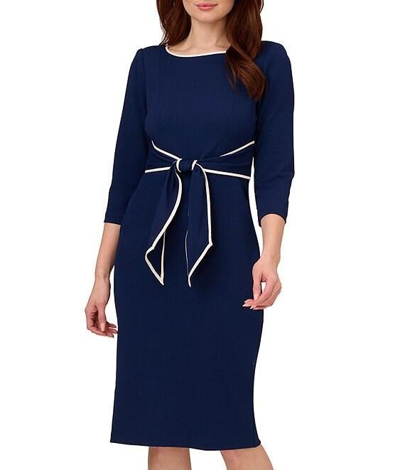 Adrianna Papell Petite Size Contrast Trim Boat Neck 3/4 Sleeve Tie Waist Crepe Dress Product Image