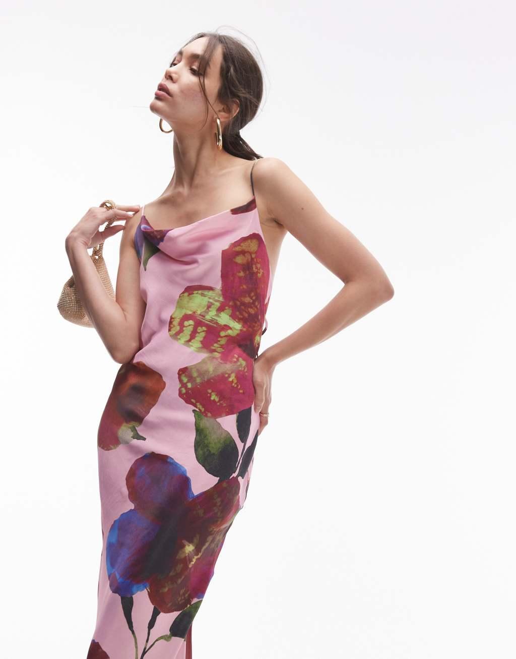 Topshop cowl neck scoop back midi dress in blurred floral Product Image