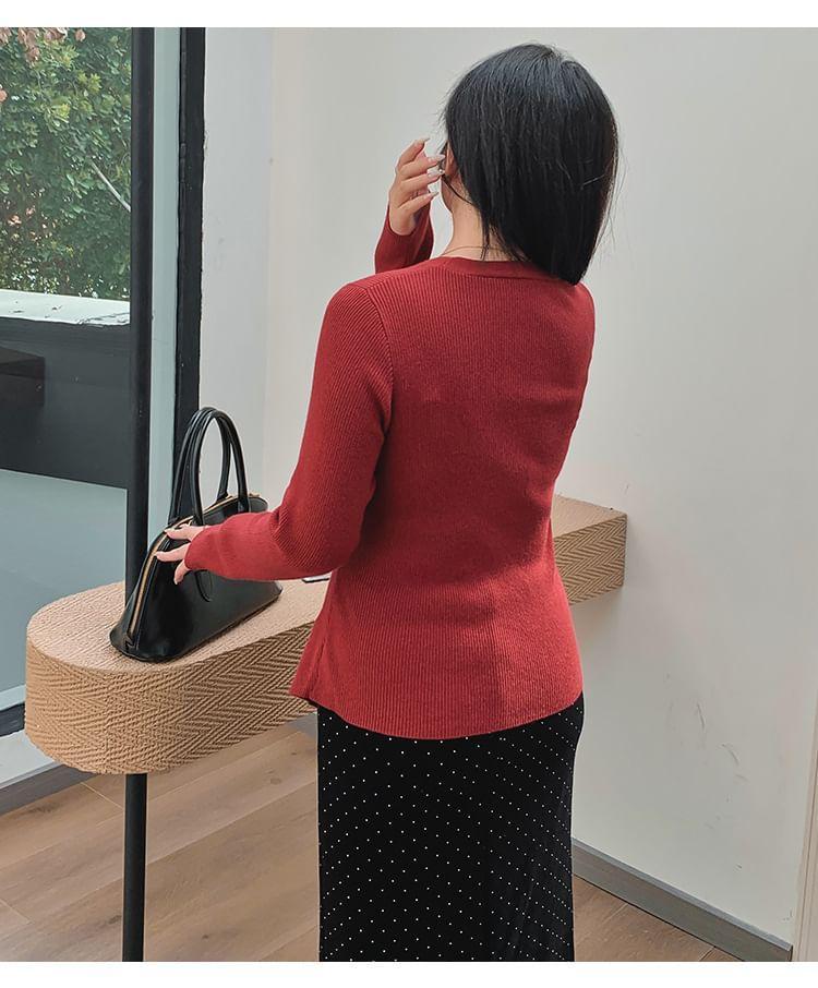 Long-Sleeve V-Neck Plain Wrap Sweater Product Image