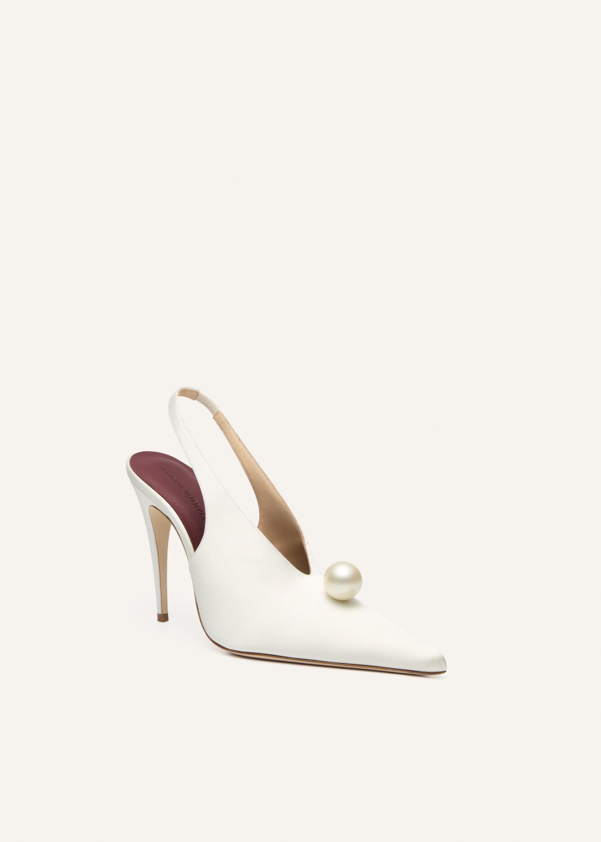 Pearl slingback pointed heel in cream satin Product Image