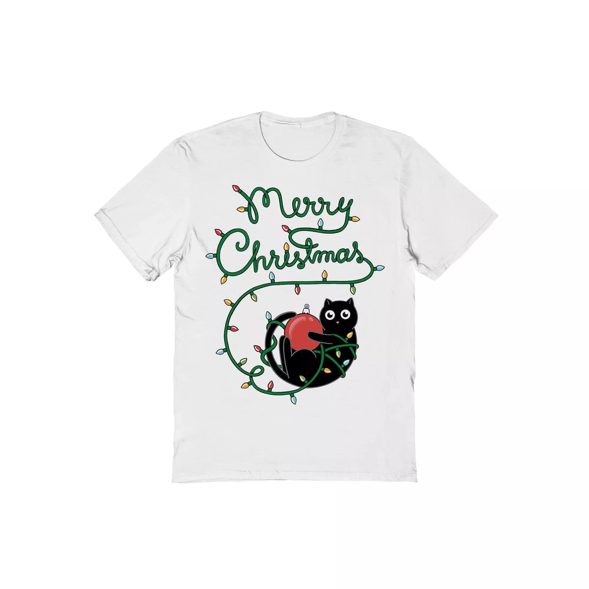 Men's Cat Merry Christmas Graphic Tee, Size: XL, White Product Image