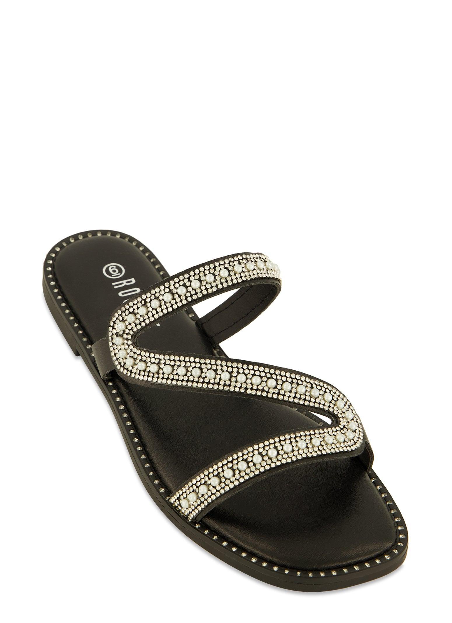 Womens Rhinestone Asymmetric Band Flat Sandals Product Image