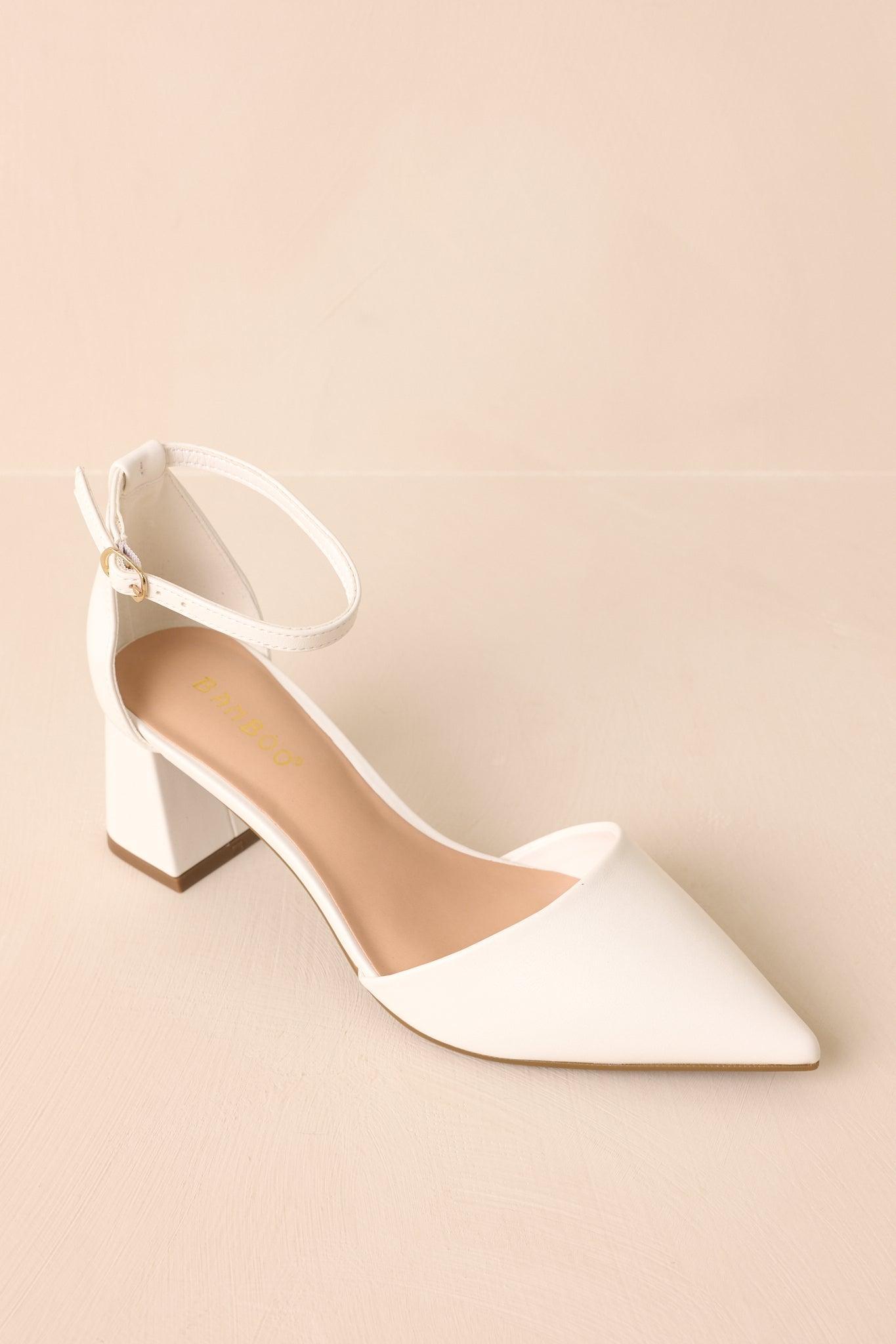 The Perfect Occasion White Pointed Toe Ankle Strap Block Heels Product Image