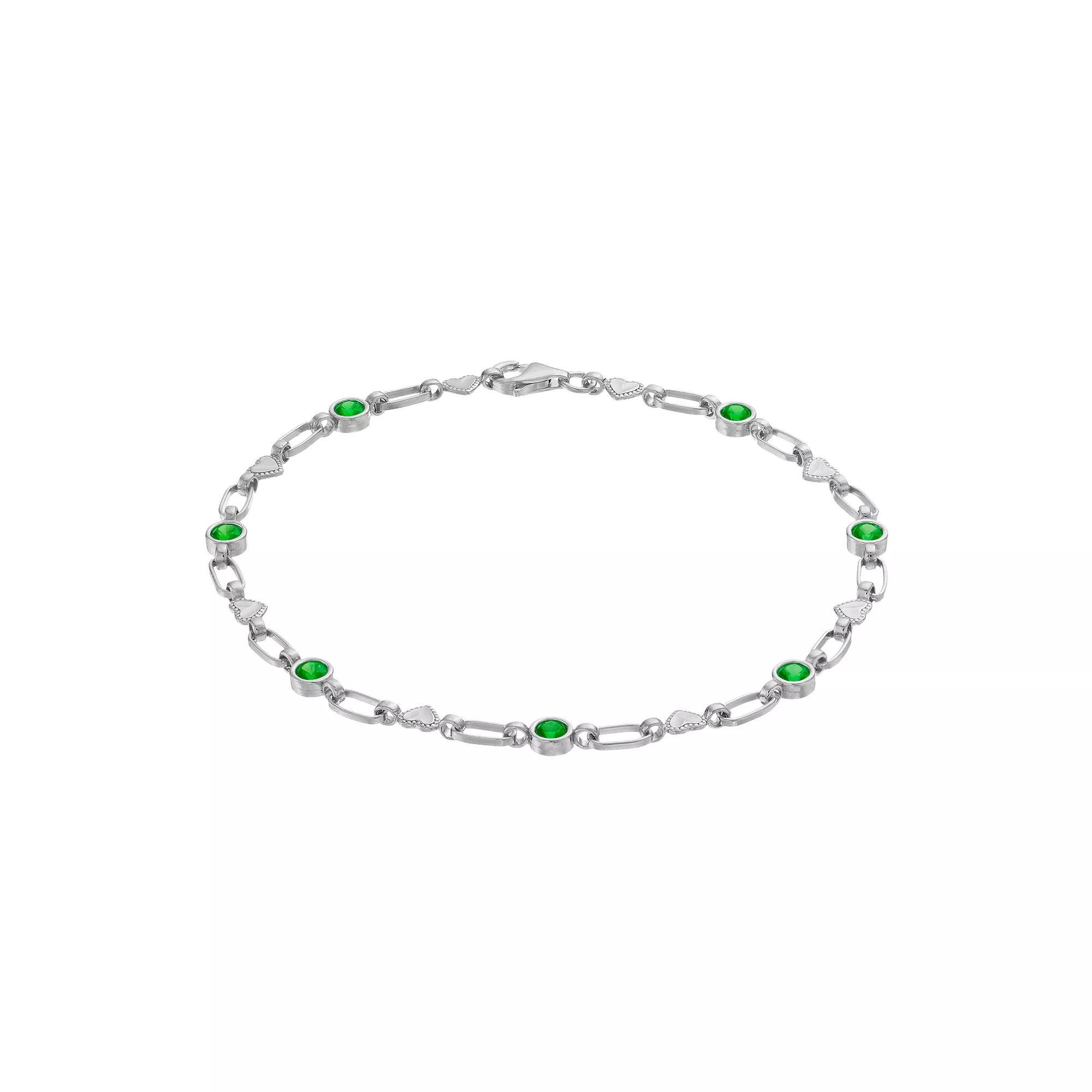 Kristen Kesho Sterling Silver Lab-Created Emerald Heart Link Bracelet, Women's, Size: 7.5" Product Image