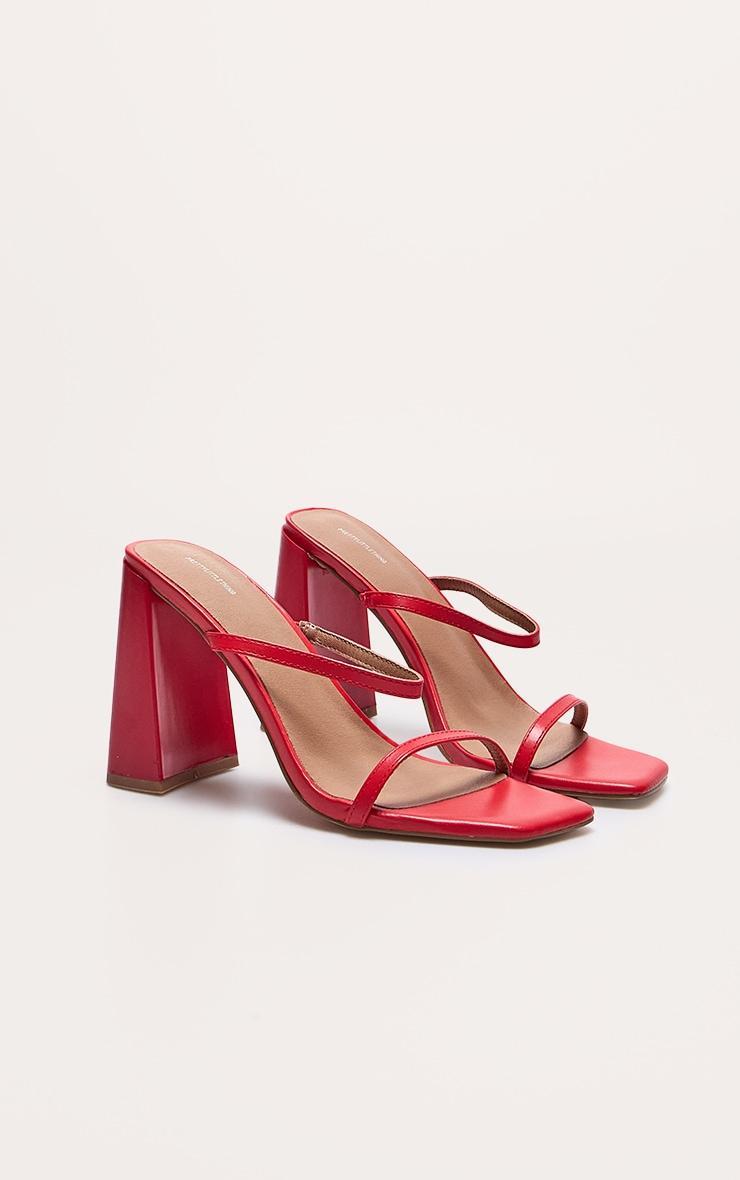 Red Pu Square Toe Double Strap High Block Heel Mules Product Image