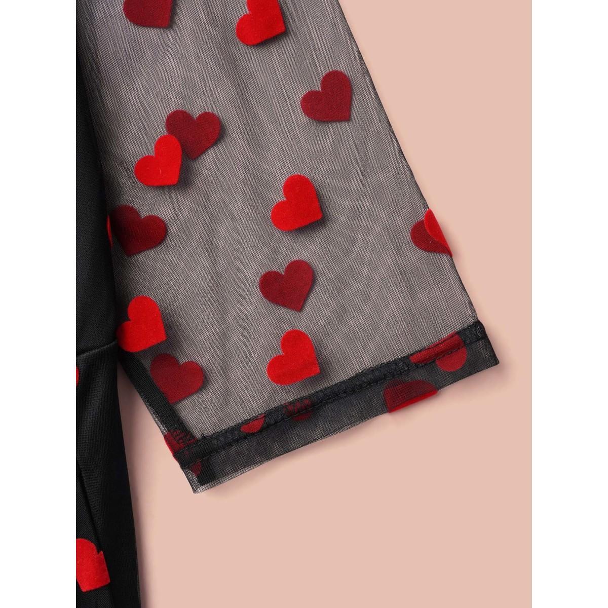 Plus Size Flocking Heart Mesh Patchwork Midi Dress Black Women Cocktail Texture Party Curvy Bloomchic 12/L Product Image