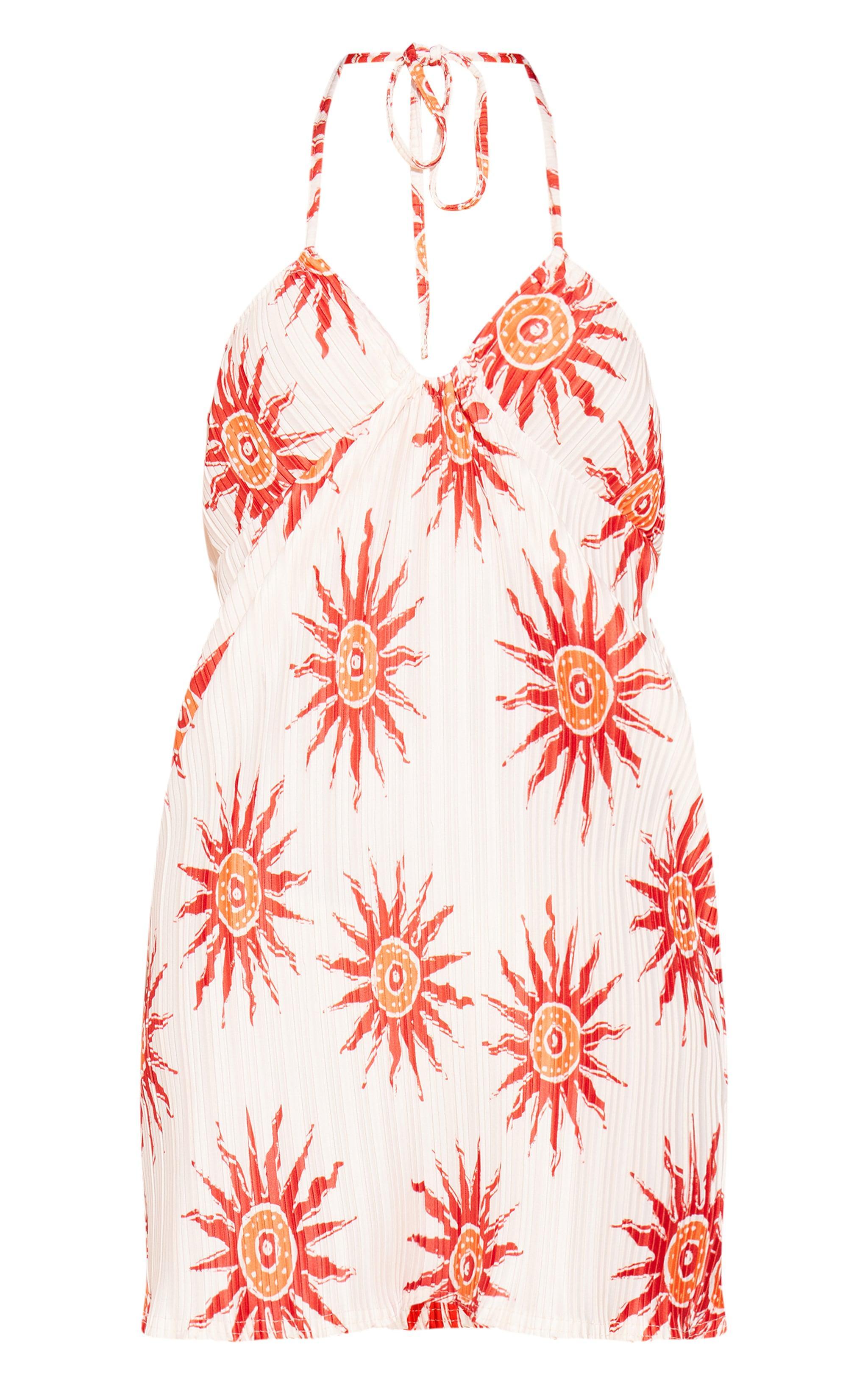 Rust Sun Print Plisse Halterneck Shift Dress Product Image