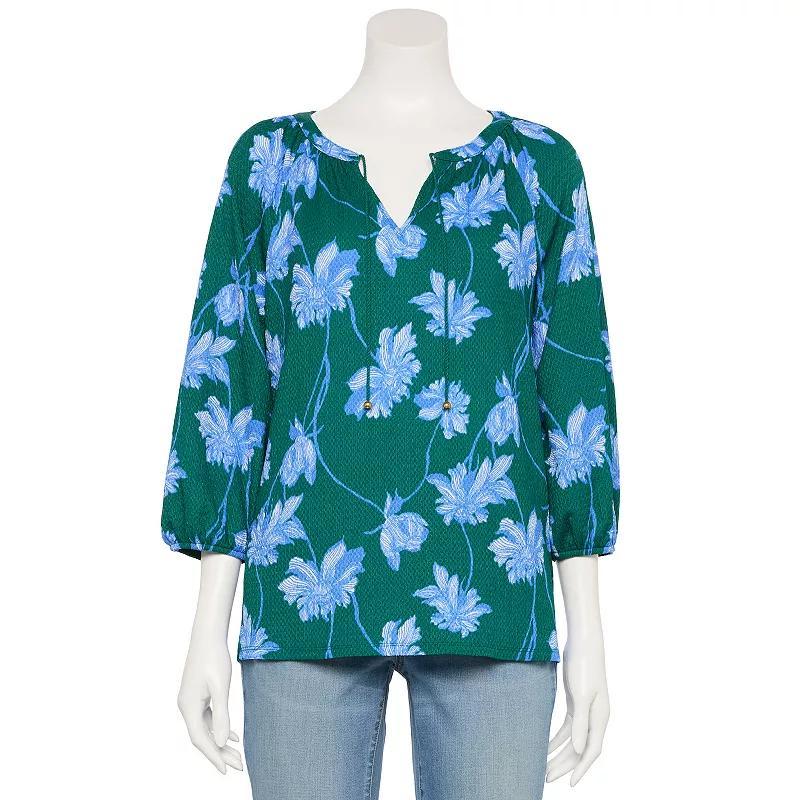Petite Croft & Barrow® Three-Quarter Balloon Sleeve Peasant Top, Women's, Size: Large Petite, Green Linework Floral Product Image
