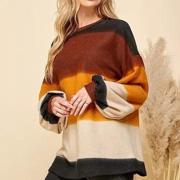 Women Multi Color Stripe Cuffed Loose Fit Sweater Product Image