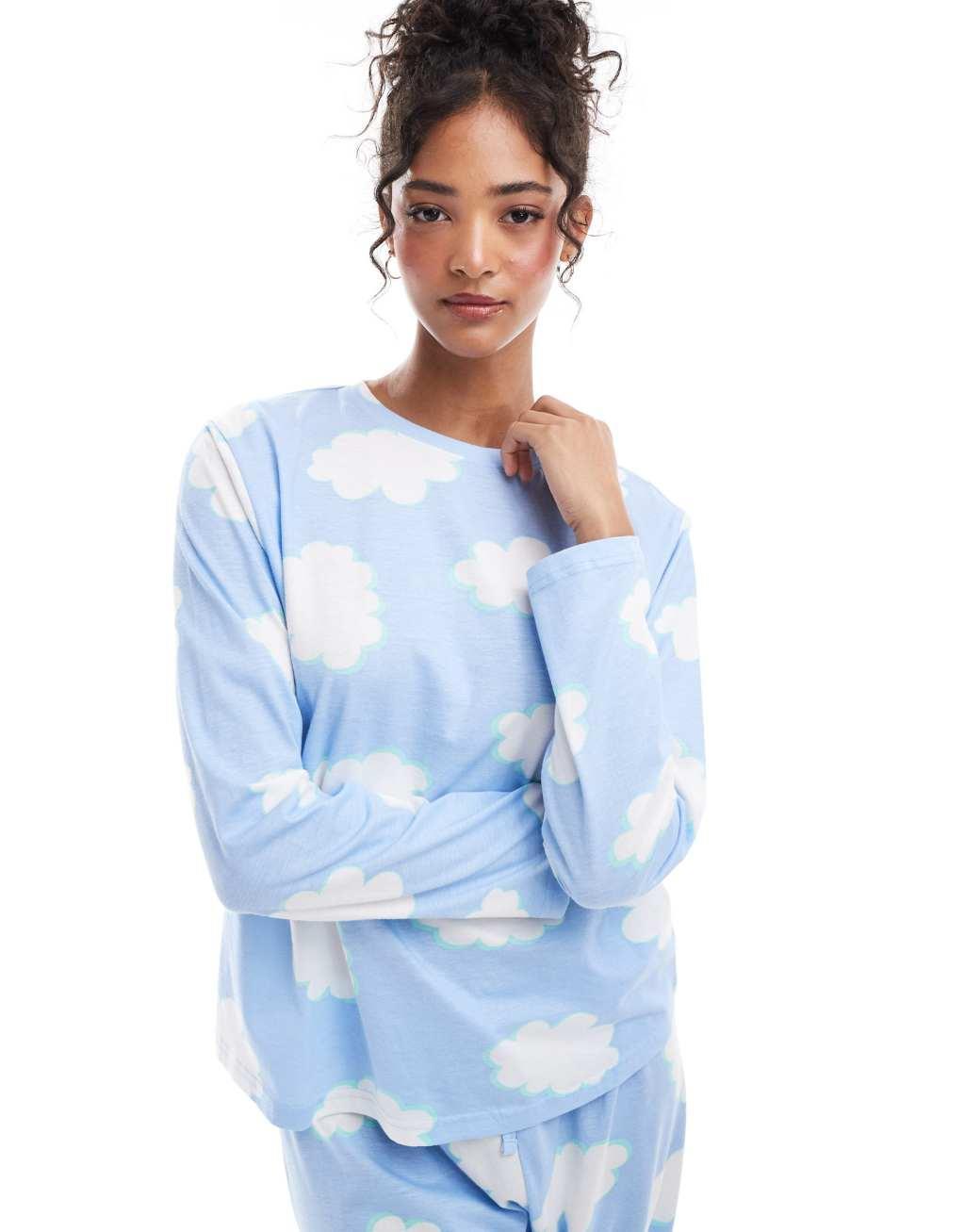 ASOS DESIGN cloud long sleeve top & pants pajama set in blue Product Image