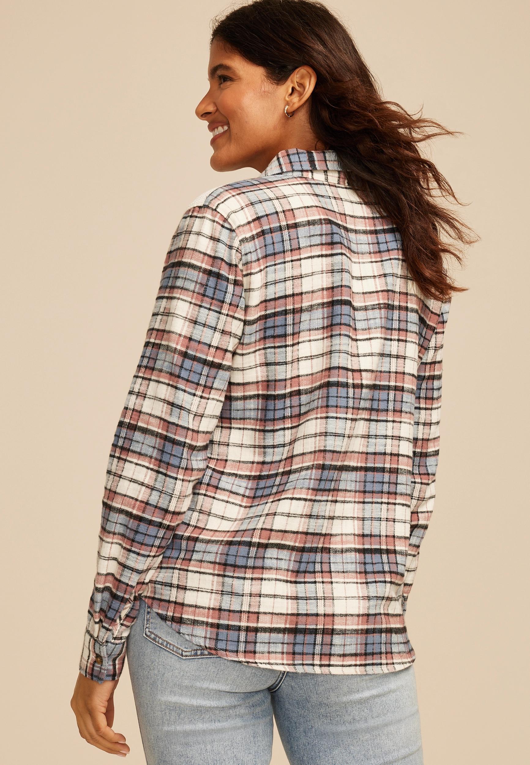 Plaid Lace Shoulder Button Down Shirt Product Image
