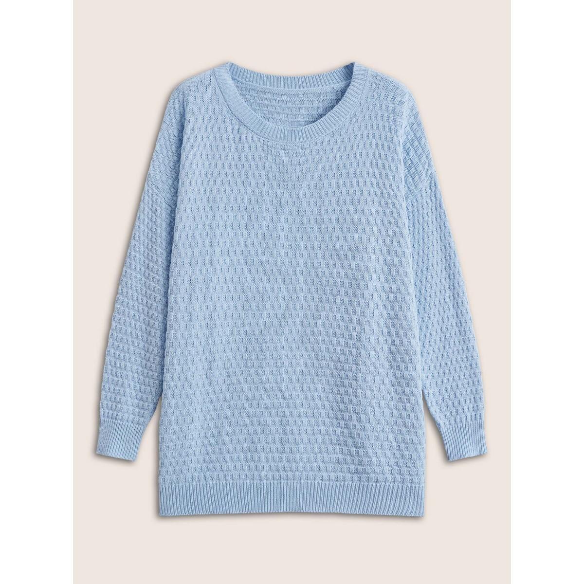 Plus Size Plain Texture Round Neck Elastic Cuffs Pullover LightBlue Women Basics Long Sleeve Round Neck Everyday Pullovers BloomChic 26/4X Product Image