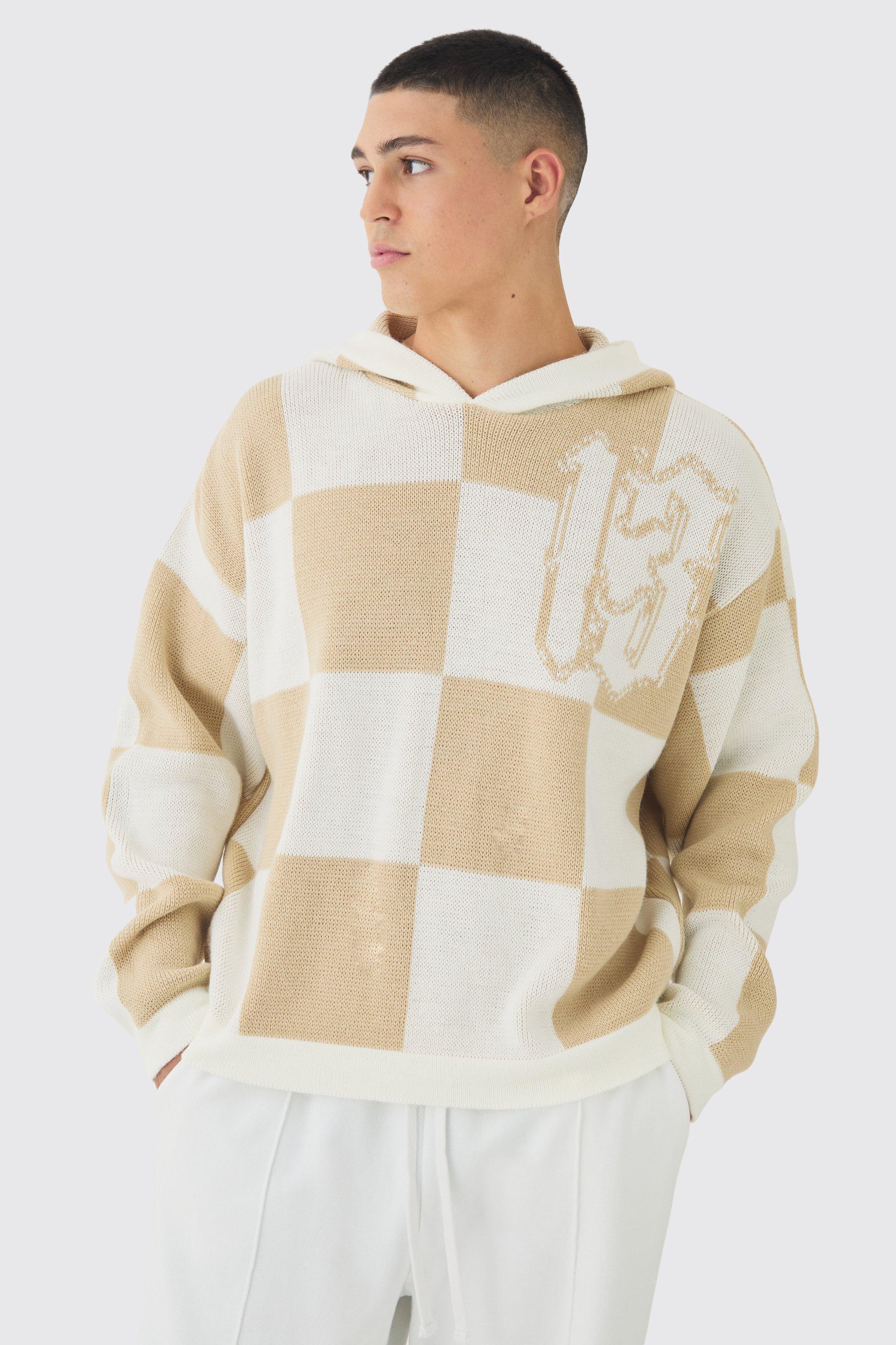 Oversized Boxy Jacquard 13 Checkered Knitted Hoodie | boohooMAN USA Product Image