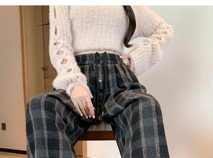 Drawstring Waist Plaid Wide Leg Pants (Various Designs) Product Image