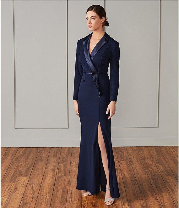 Adrianna Papell Long Sleeve Notch Lapel Surplice V-Neck Front Slit Crepe Tuxedo Wrap Gown Product Image