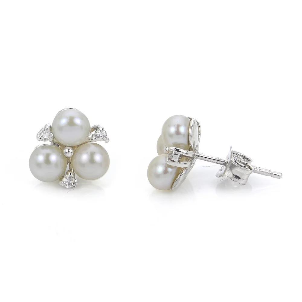 PearLustre by Imperial Sterling Silver Freshwater Cultured Pearl Lab-Created White Sapphire Clover Earrings, Women's Product Image