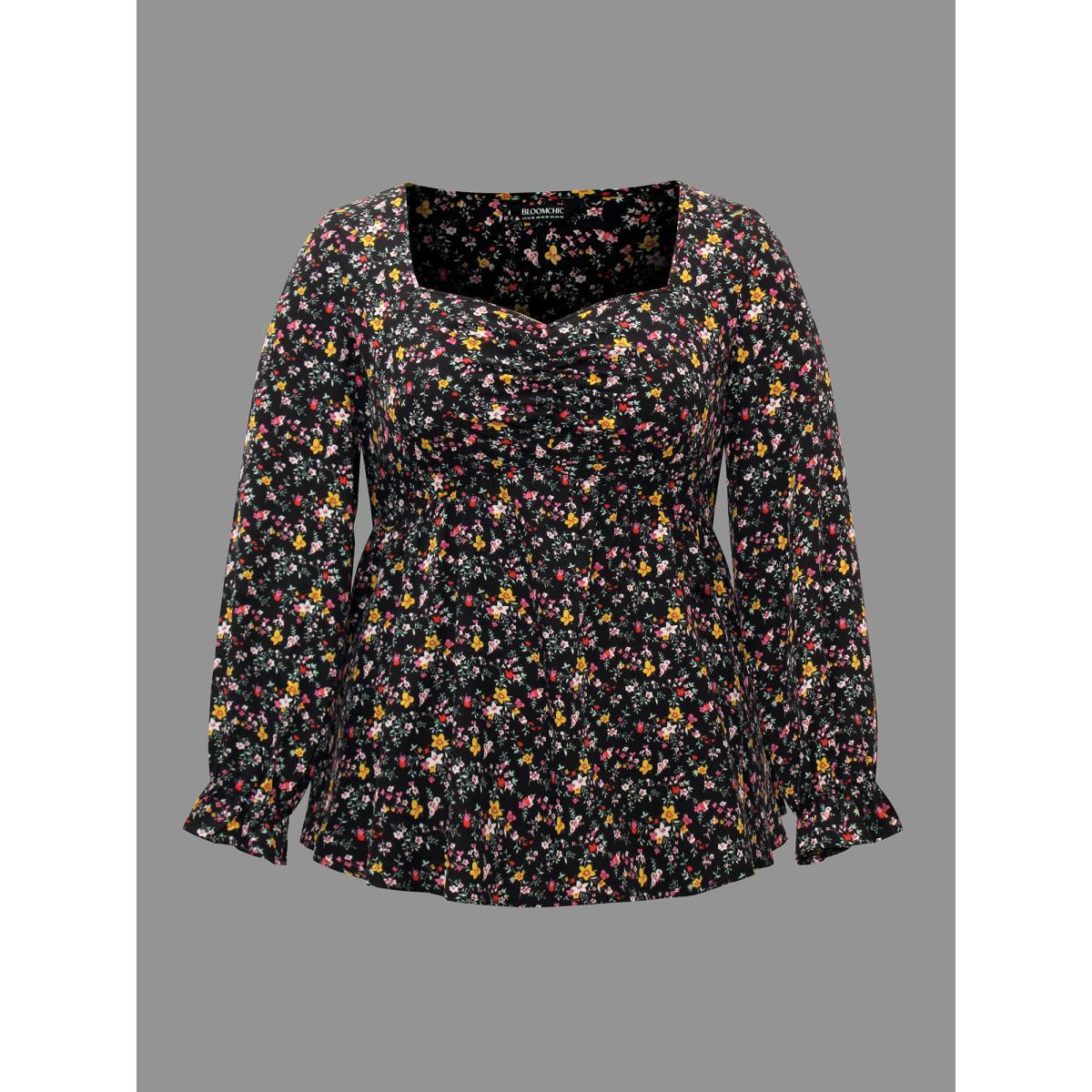 Plus Size Black Ditsy Floral Heart Neckline Gathered Blouse Women Elegant Long Sleeve Heart neckline Everyday Blouses BloomChic 28/5X Product Image