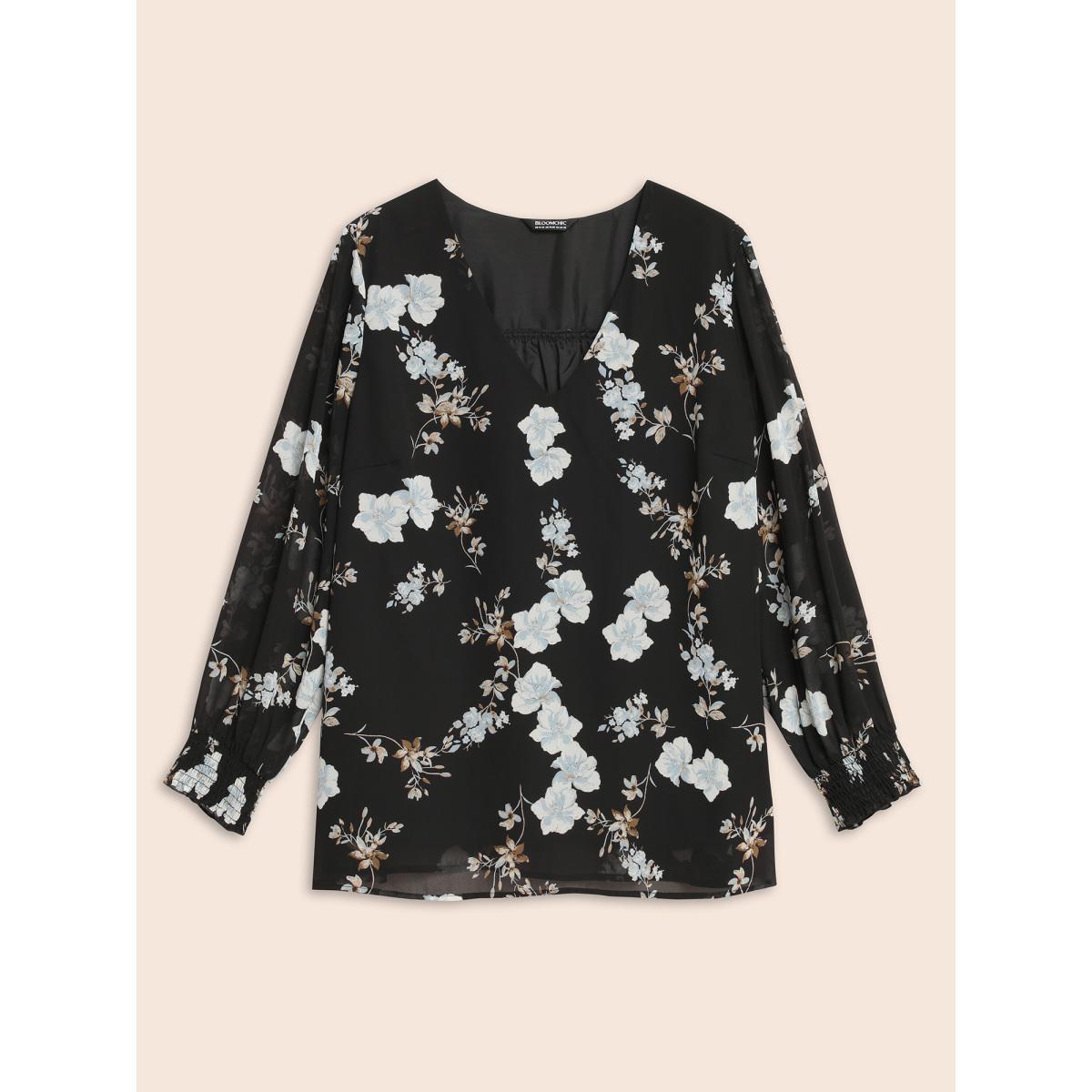 Plus Size Black Floral Chiffon Shirred Lantern Sleeve Blouse Women Elegant Long Sleeve V-neck Everyday Blouses BloomChic 30/6X Product Image