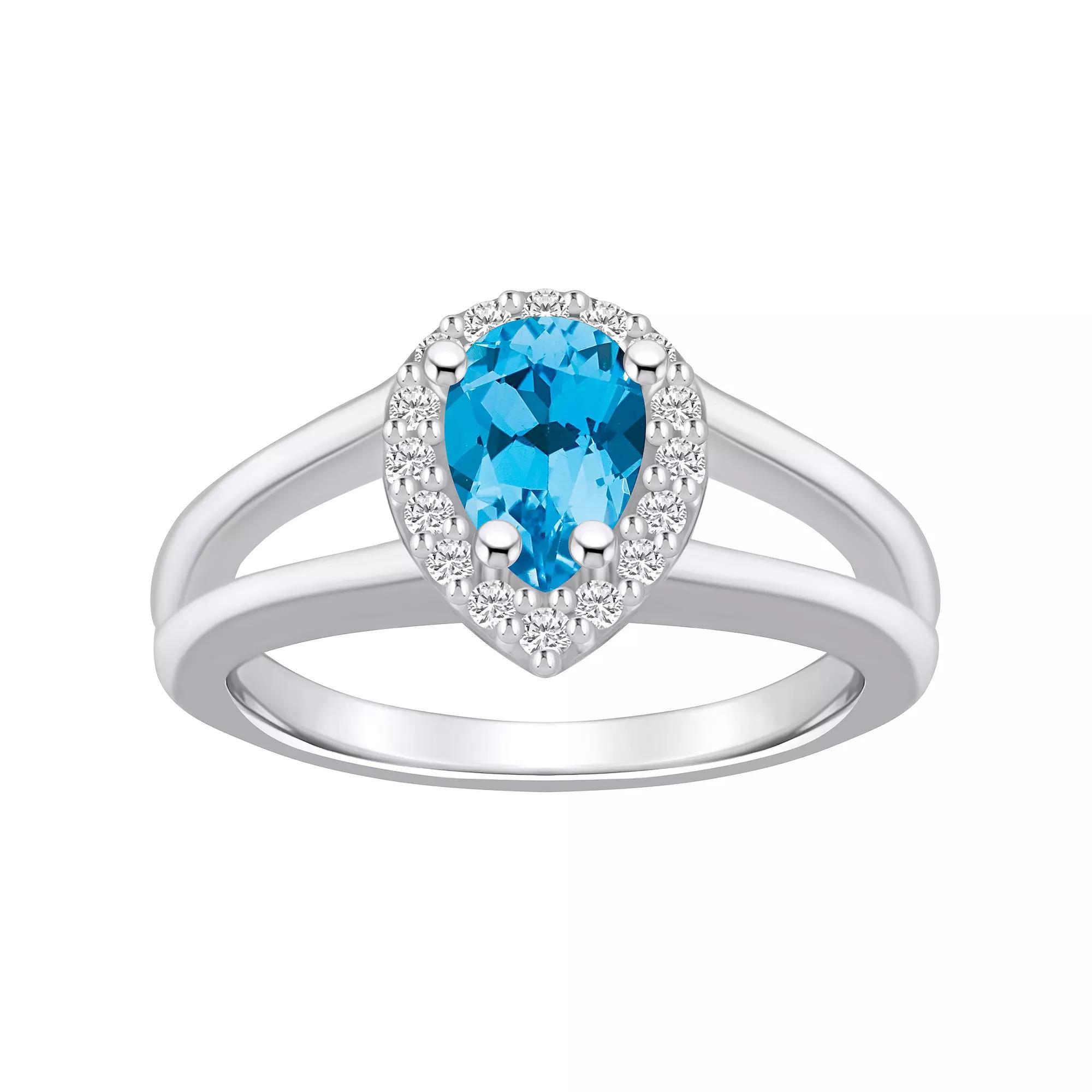 Alyson Layne 10k White Gold Pear Shape Gemstone 1/6 Carat T.W. Diamond Halo Ring, Women's, Size: 8, Blue Topaz Product Image