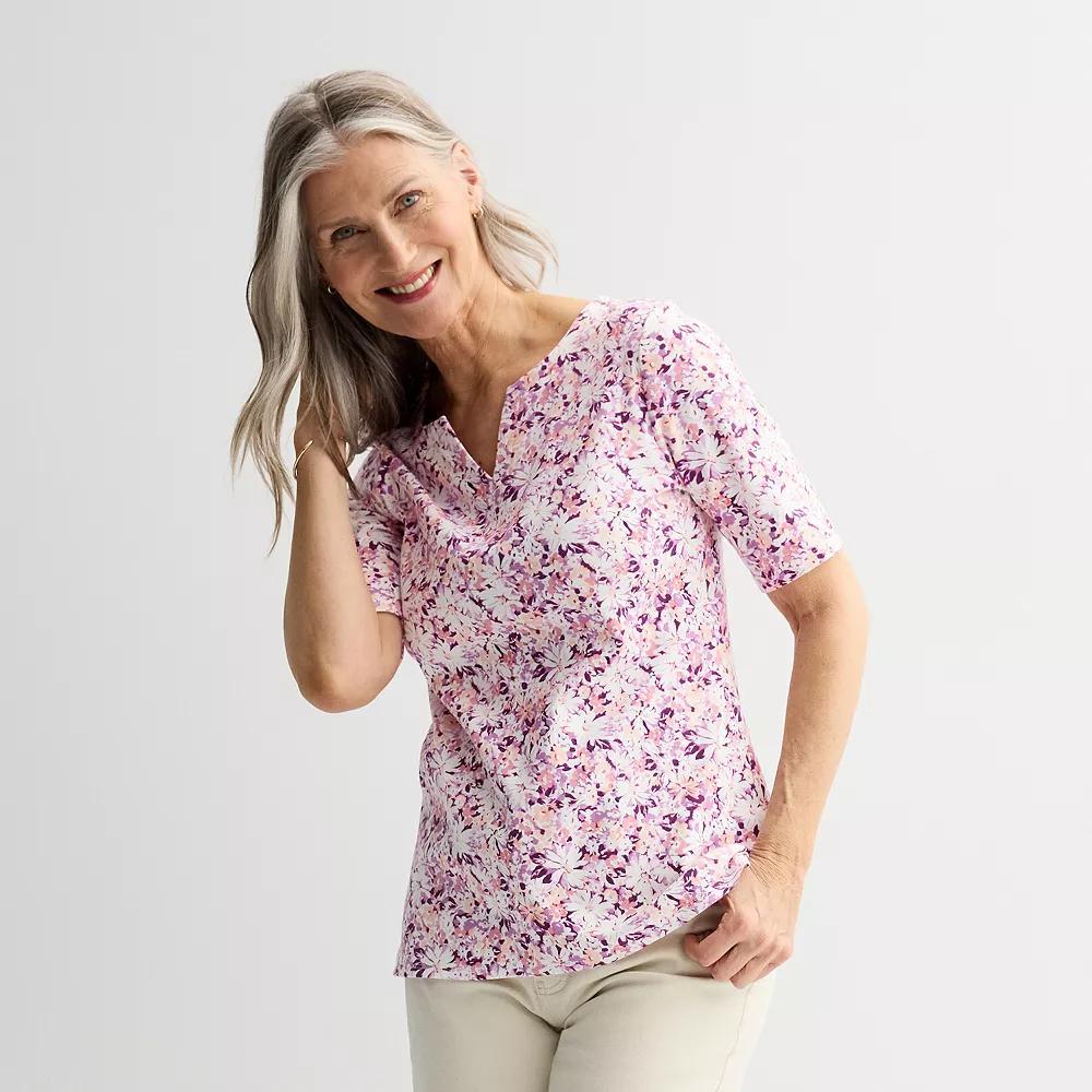 Petite Croft & Barrow® Elbow Sleeve Splitneck Top, Women's, Size: Small Petite, Purple Team Floral Product Image