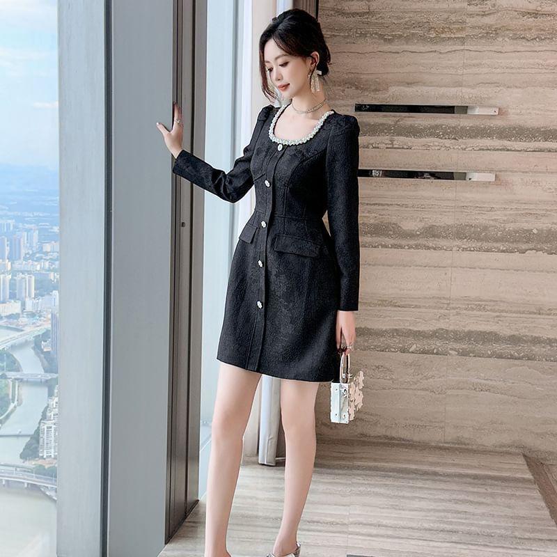 Long-Sleeve Square Neck Faux Pearl Button Mini A-Line Dress Product Image