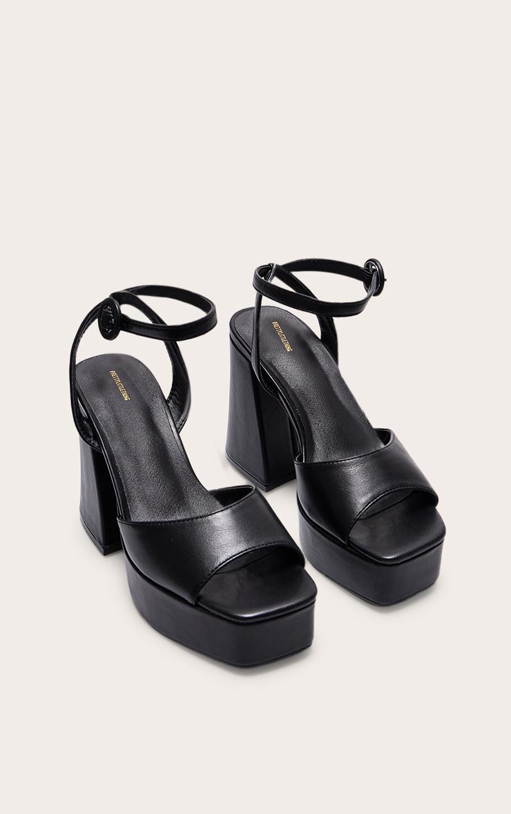 Black PU Strap Detail Flare Platform Heeled Sandals Product Image