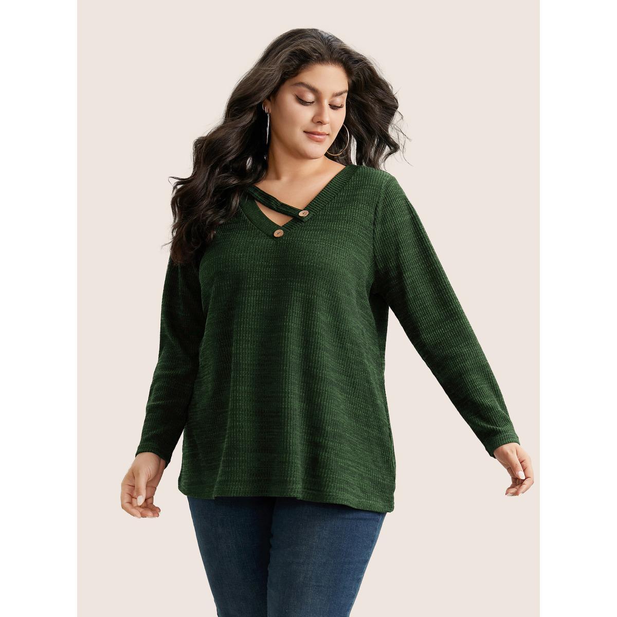 Plus Size Solid Rib Knit Button Detail T-shirt Red Women Leisure Non Plain V-neck Casual T-shirts BloomChic 12/L Product Image