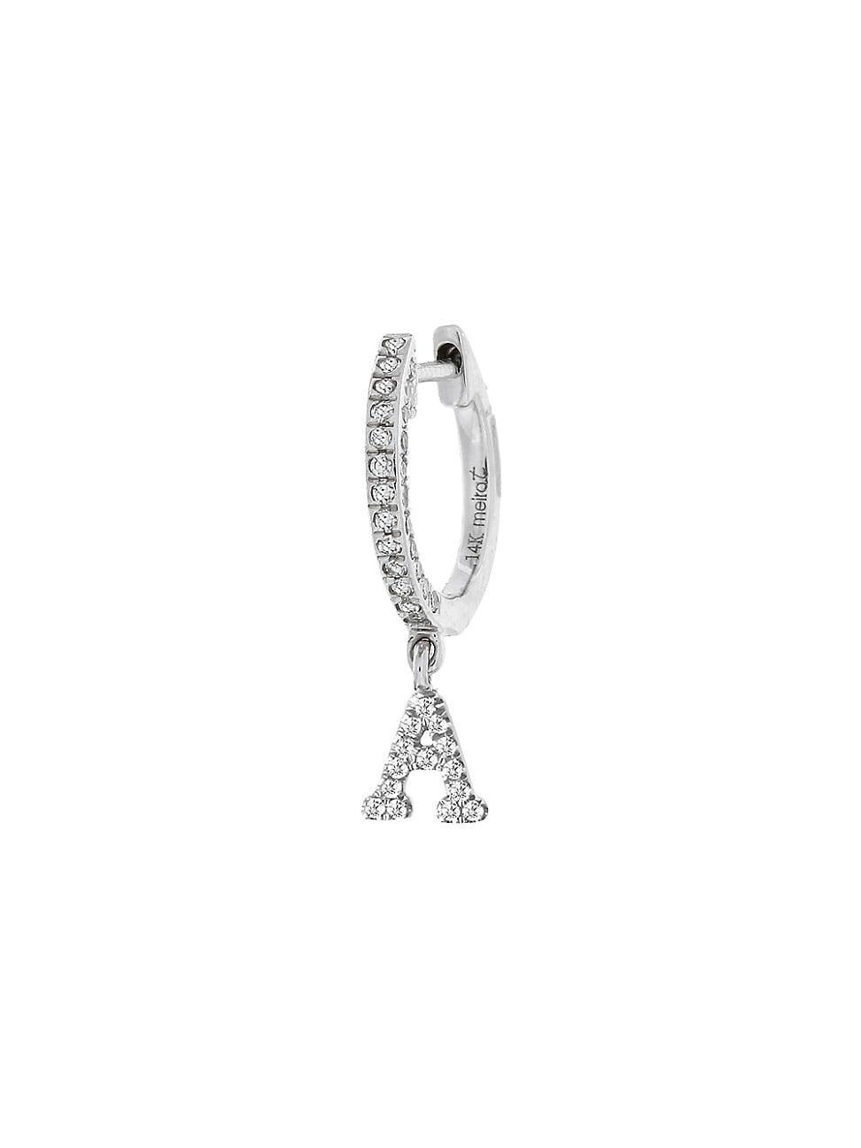 Womens 14K White Gold Diamond Intial Single Huggie Hoop Earring Product Image