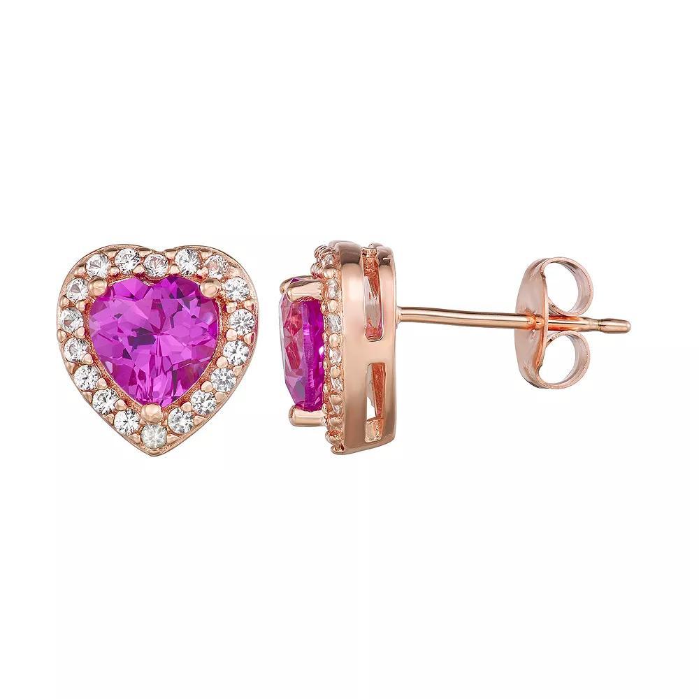 14k Rose Gold Over Silver Lab-Created Pink & White Sapphire Heart Stud Earrings, Women's, Pink Tone Product Image