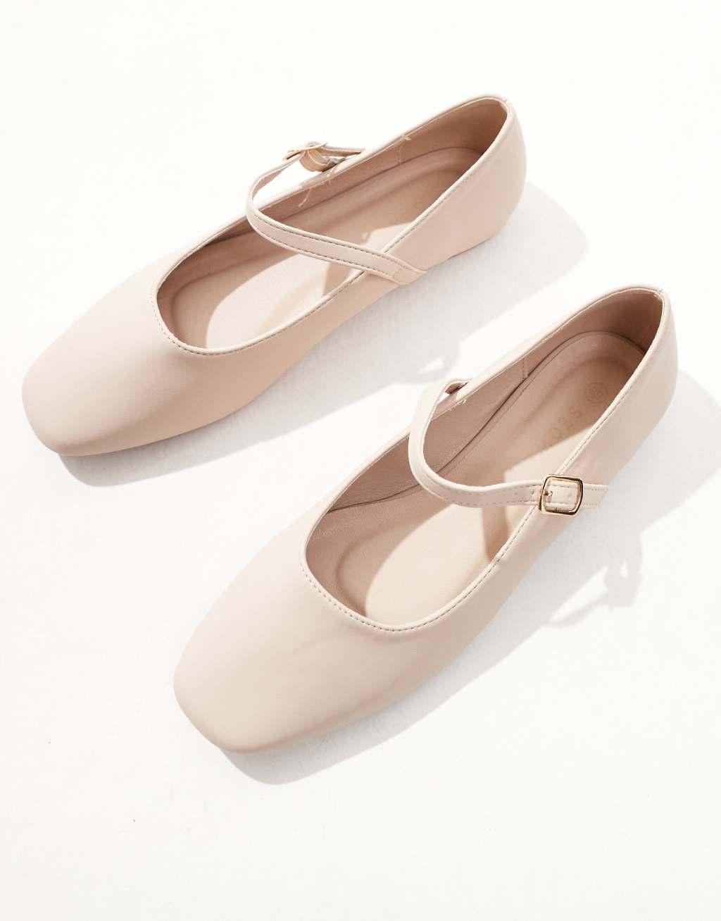 SEQWL Wide Fit buckle strap ballet flats in beige Product Image