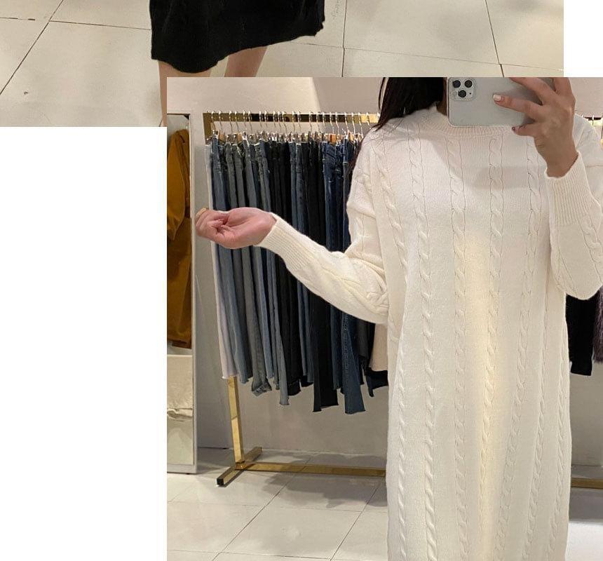 Long Sleeve Mock Neck Plain Cable Knit Midi Sweater Dress Product Image