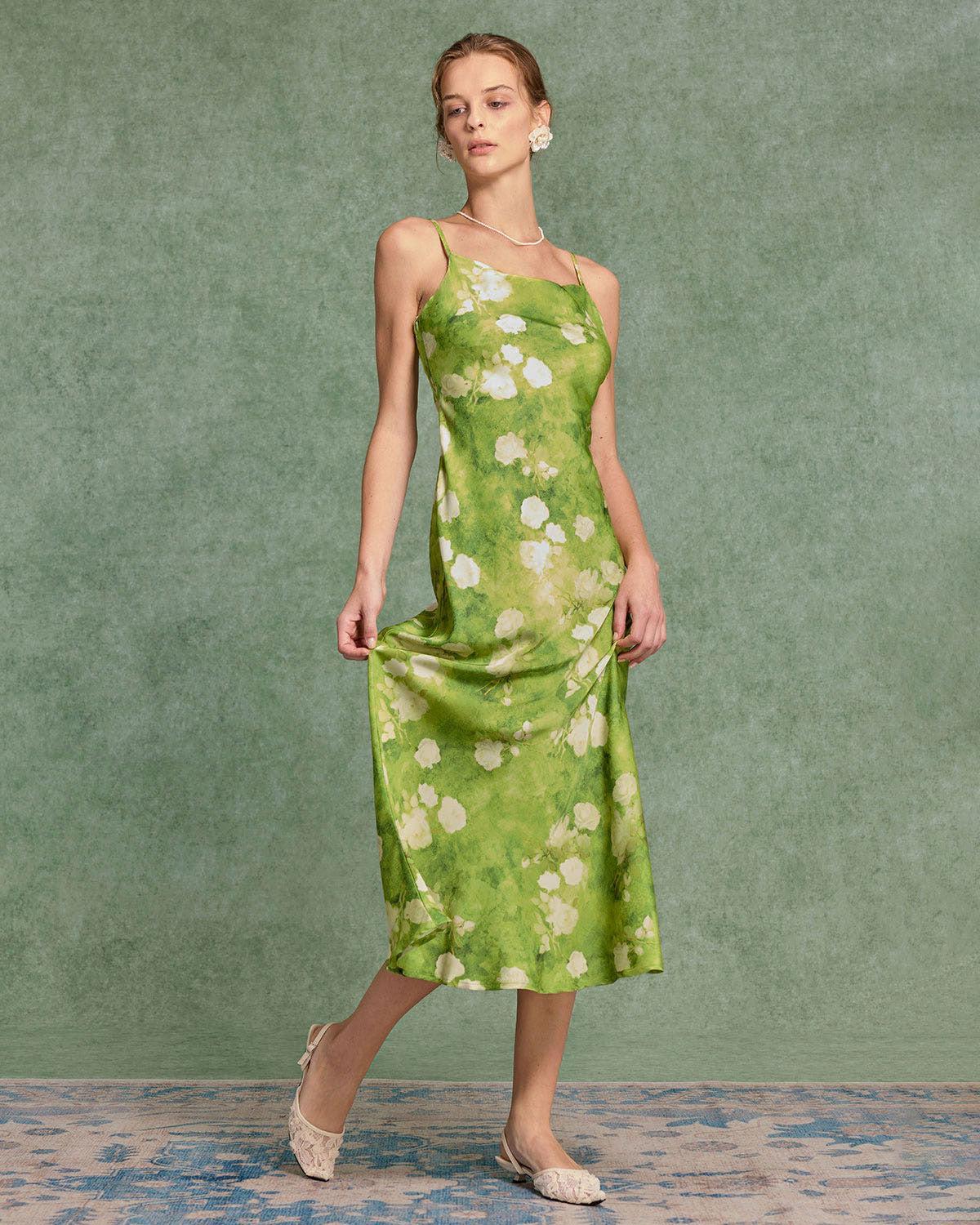 Green Floral A-Line Slip Midi Dress Product Image
