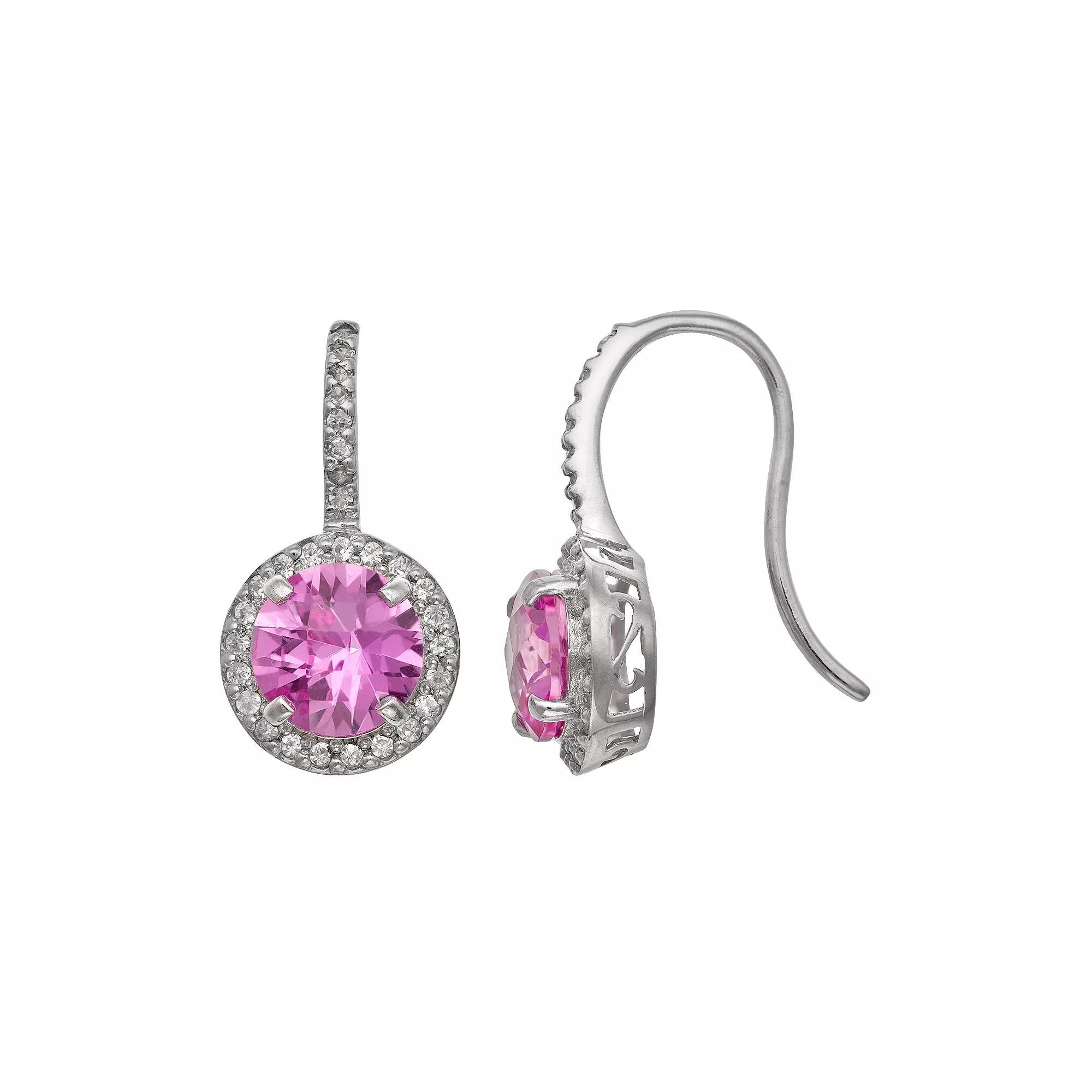 Sterling Silver Lab-Created Pink Sapphire and Lab-Created White Sapphire Halo Drop Earrings, Women's, Multi Product Image
