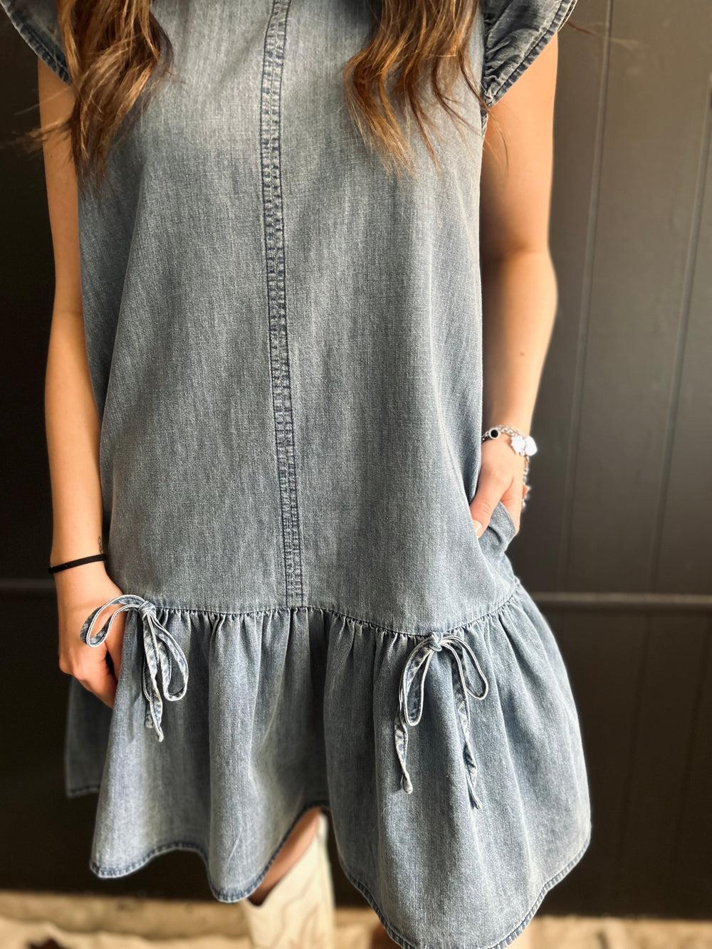 Ruffled Sleeve Washed Denim Mini Dress w/ Bow Detail Product Image