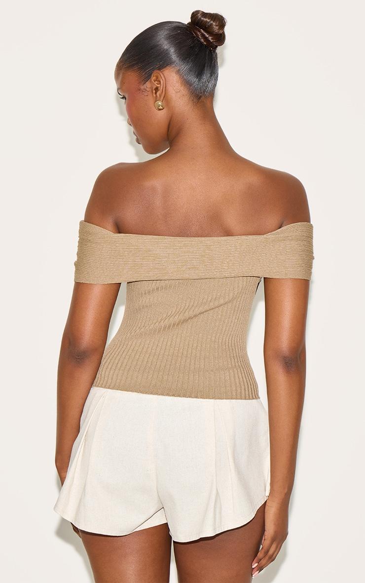 Taupe Rib Knit Twist Bardot Button Through Top Product Image
