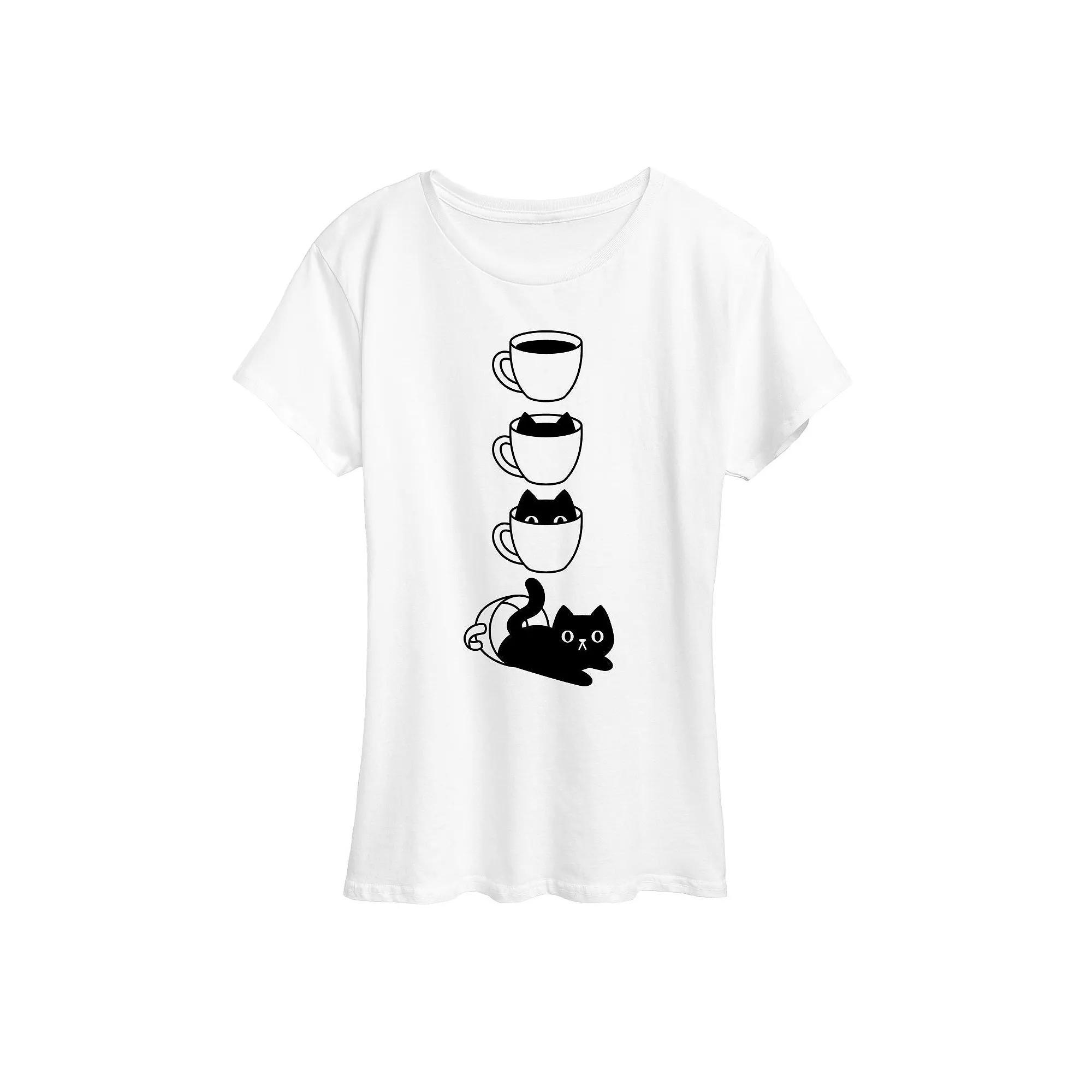 Women's Cat Coffee Cup Graphic Tee, Girl's, Size: Large, White Product Image